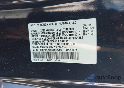 2019 Honda Odyssey Elite z USA, uszkodzony, nr VIN 5FNRL6H90KB017065